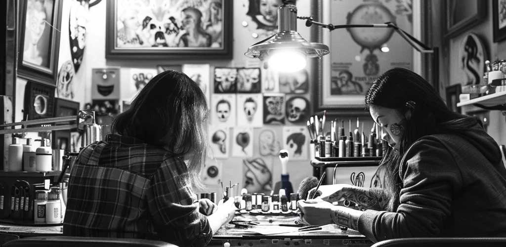 tattoo masters in the tattoo studio before tattoo removal session