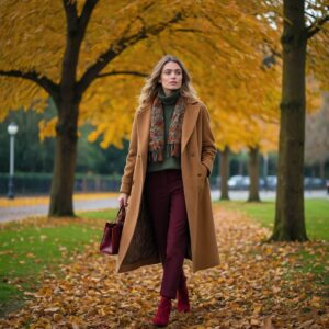 A stylish young woman wearing a layered autumn outfit with a camel coat, knitwear, and bold boots – showcasing autumn fashion 2025 trends.