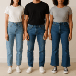 Three individuals wearing different styles of jeans—straight-leg, slim-fit, and flared—standing side by side to showcase fit variety.