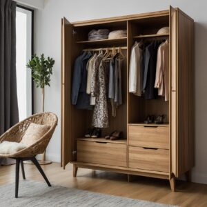 Organized wooden wardrobe with second-hand clothes in a modern UK bedroom