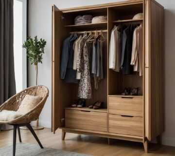 Organized wooden wardrobe with second-hand clothes in a modern UK bedroom