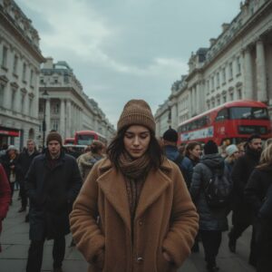 Woman wearing oversized coat and knitwear in London city, showcasing winter fashion trends 2026 in the UK.